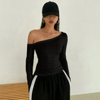 Women’s Black Asymmetric Off Shoulder Long Sleeve Top