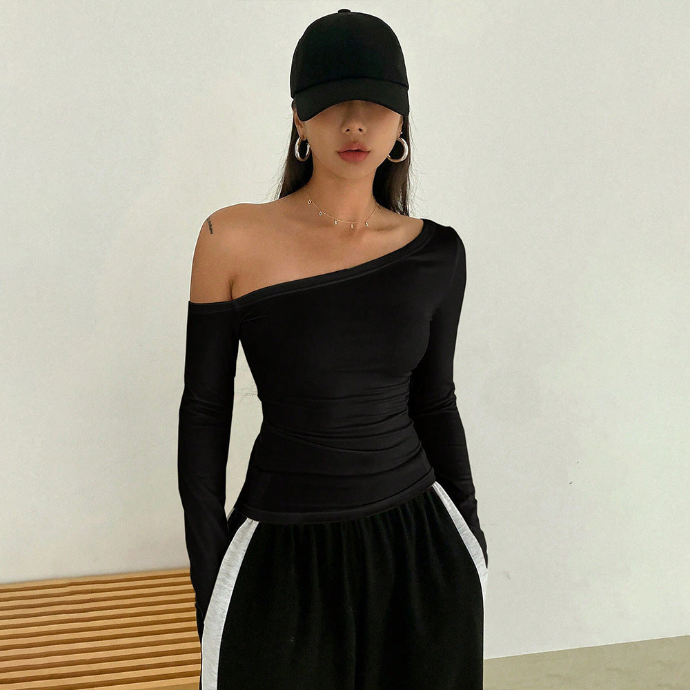 Women’s Black Asymmetric Off Shoulder Long Sleeve Top