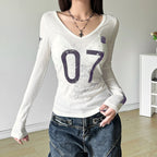 Women’s Sheer Printed V Neck Long Sleeve Top