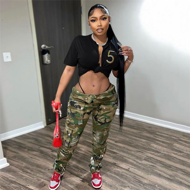 Women's Graphic Embroidered Lace-Up Crop Top
