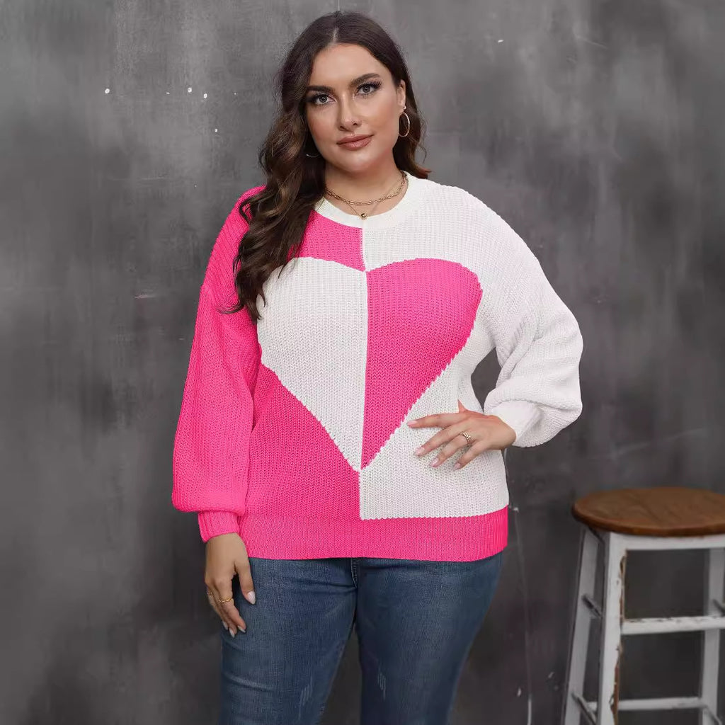 Plus Size Women Clothing Autumn Winter Ladies Top Pullover Woven Shirt Heart Shaped Multi Part Contrast Color Sweater