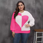 Plus Size Women Clothing Autumn Winter Ladies Top Pullover Woven Shirt Heart Shaped Multi Part Contrast Color Sweater