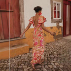 V-Neck Flounce Slit Floral Backless Dress