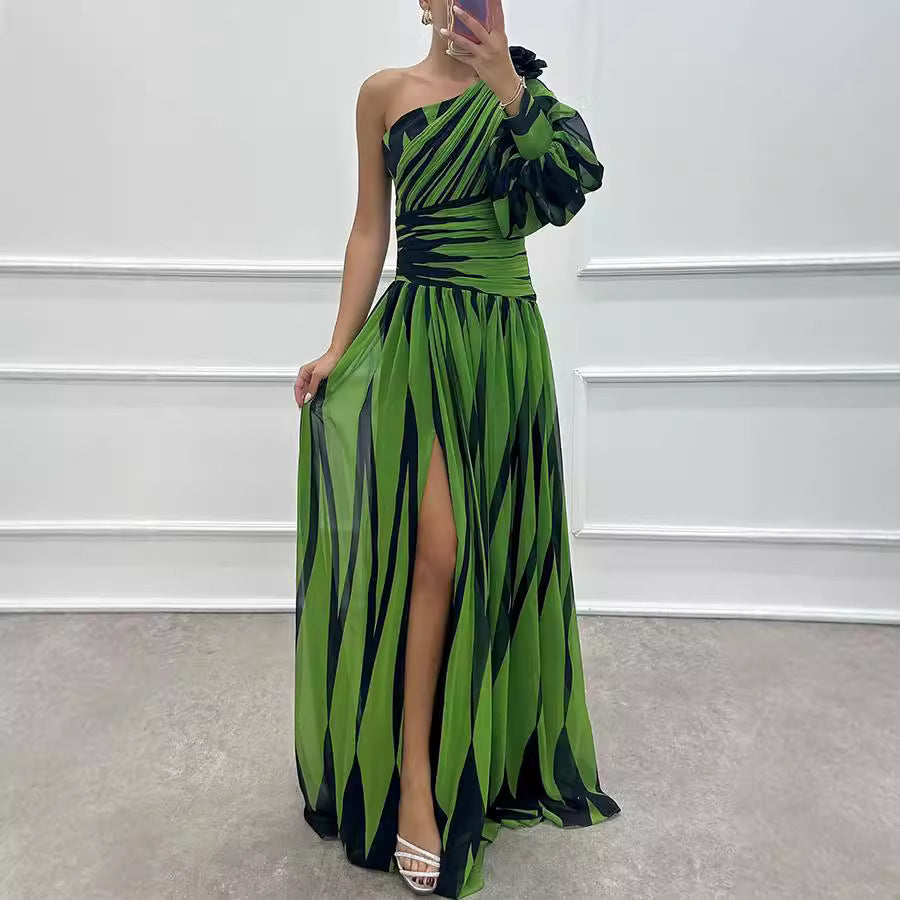 Chevron One-Shoulder Long-Sleeve Split A-Line Maxi Dress