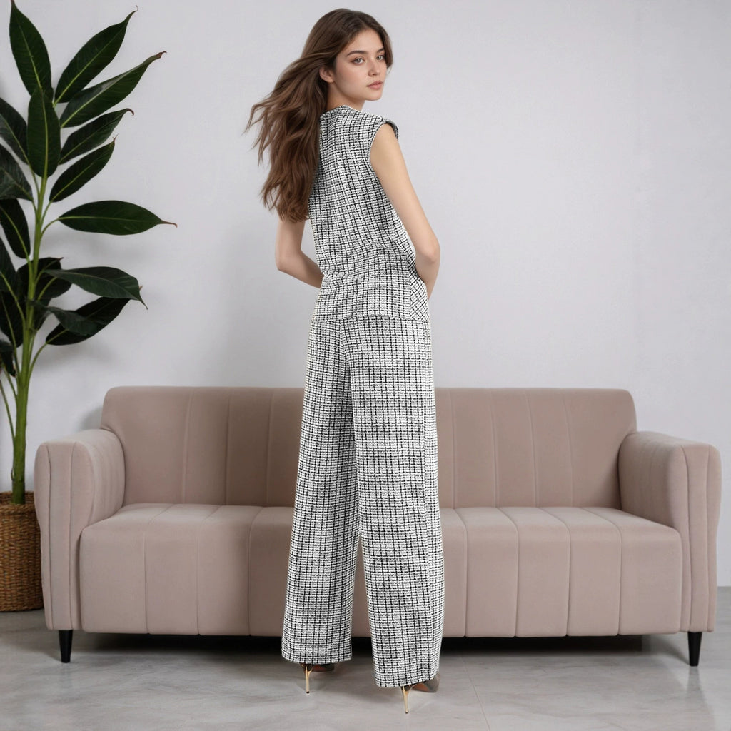 Women's Plaid Sleeveless Top and Wide-Leg Pants Set