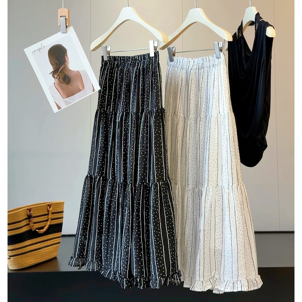 Striped Polka Dot Pleated Tiered Skirt Women Summer Wooden