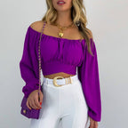 Women's Exposed Lantern Sleeve Off Neck Lacing Puff Sleeve Shirt