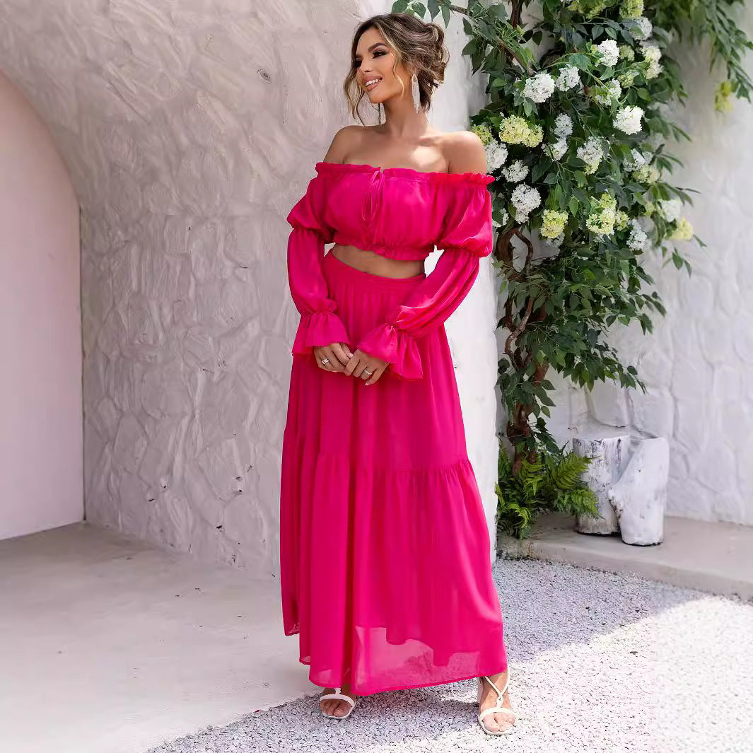 Off-Shoulder Long-Sleeve Skirt Set