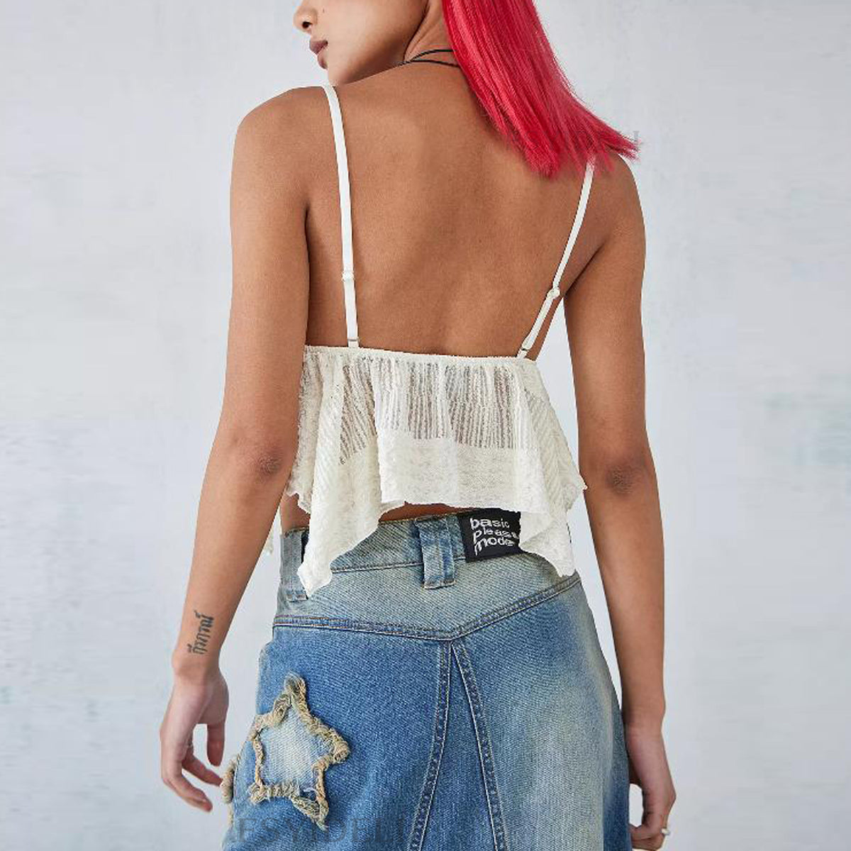 Women’s White Asymmetric Backless Ruffle Crop Camisole