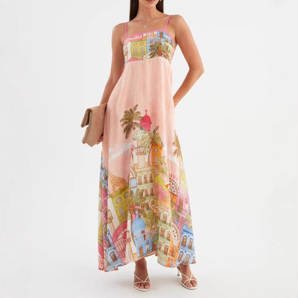 Printed Spaghetti-Strap Swing Dress