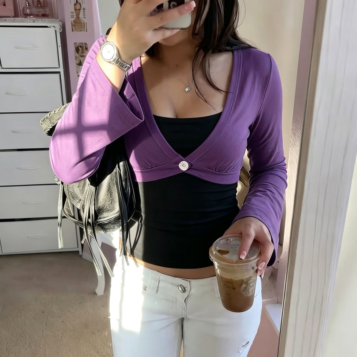 Women's Contrast Colors False Two Piece Flare Sleeve T Shirt Summer
