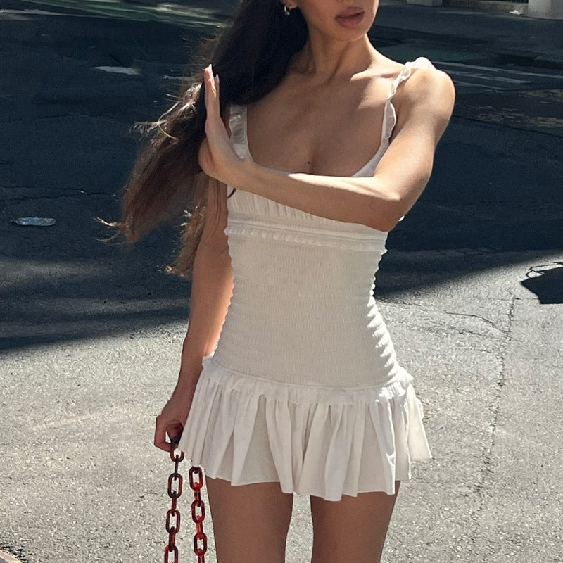 Spring Elegant Wooden Ear Pleated Strap Pleated Dress Short for