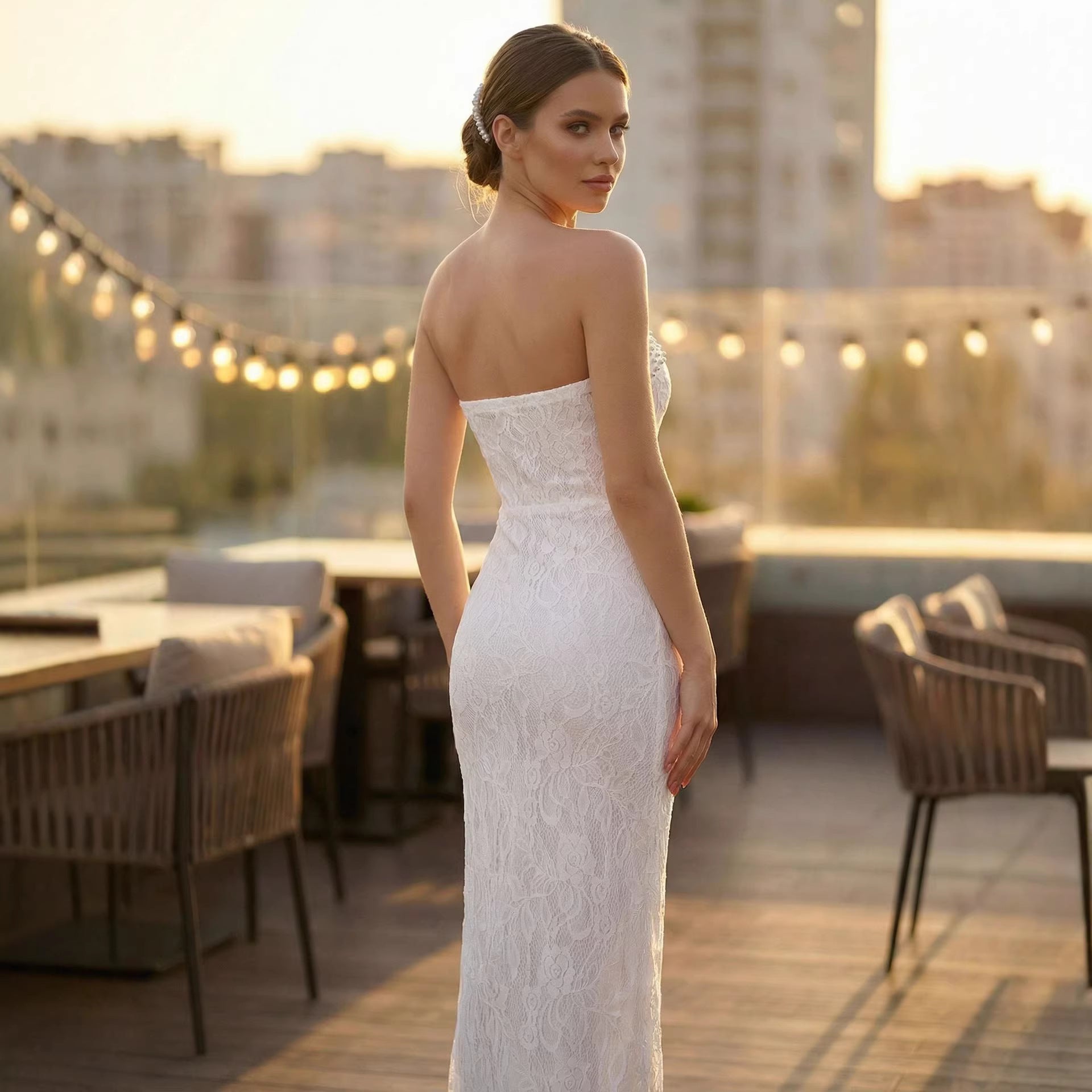 White lace maxi sleeveless dress with open back and side slit