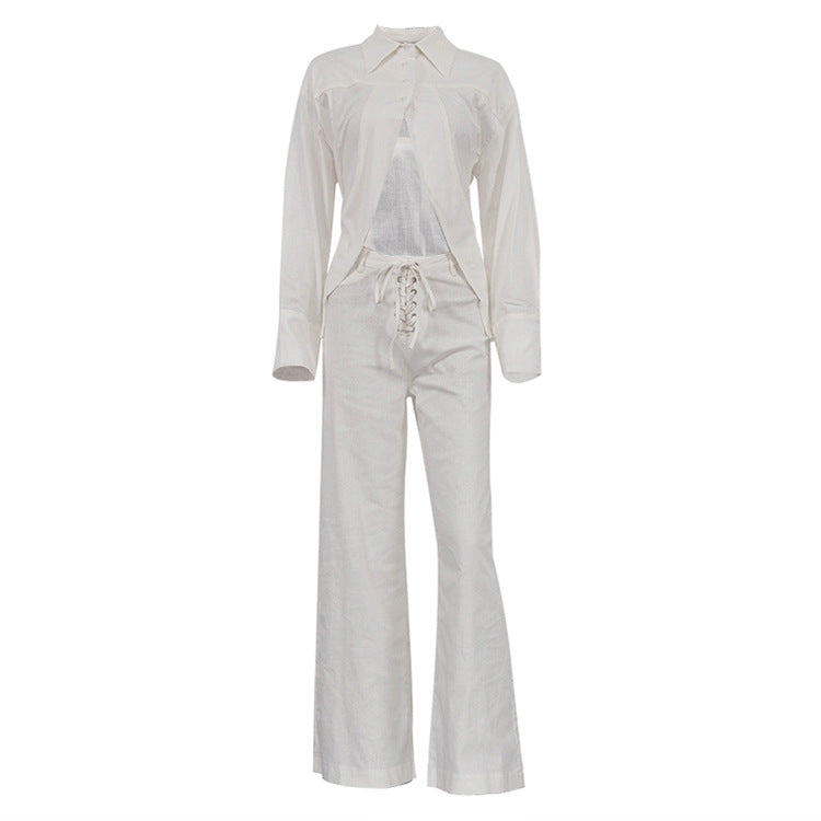 Collared Long Sleeves Cropped White Shirt Hollow