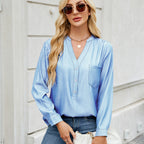 Women's V Neck One Breasted Imitation Denim Long Sleeve Shirt