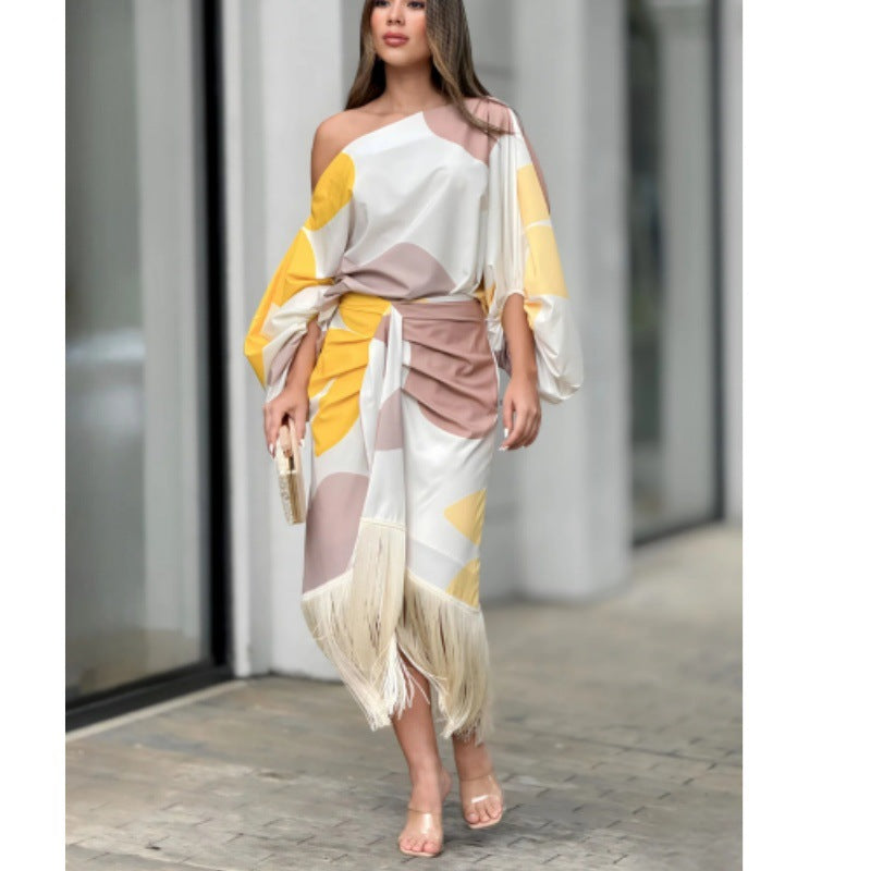Women's Printed Lantern Sleeve Loose Top and Skirt Two-Piece Set
