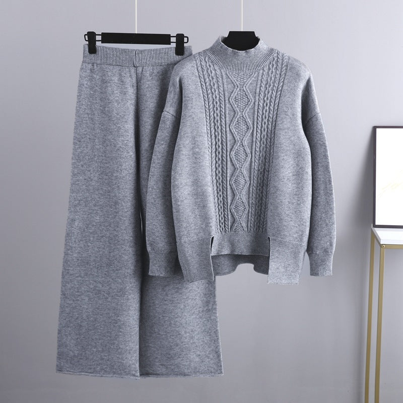 Autumn Winter Slimming Knitted Thickened Loose Turtleneck Sweater Wide Leg Pants Two-Piece Set
