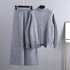 Autumn Winter Slimming Knitted Thickened Loose Turtleneck Sweater Wide Leg Pants Two-Piece Set