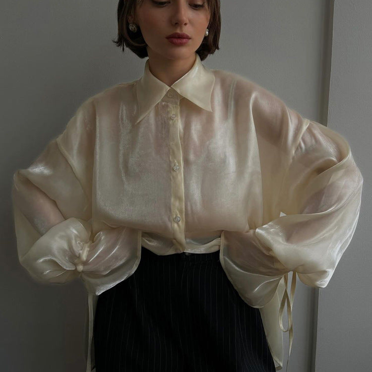 Streamer Yarn Beige Shirt Loose Sun Protection