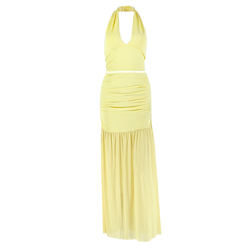 's Solid Color V Neck Sleeveless Skirt Set Halter Package Hip Cropped
