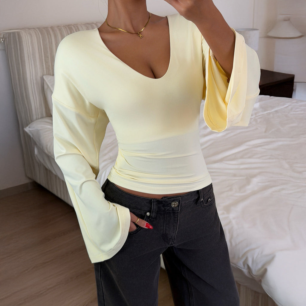 Women's Clothing Autumn Elegant Flared Long Sleeve Waist Trimming Top