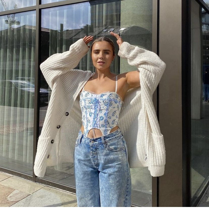 Women's Women’s Blue Floral Lace Up Bustier Crop Top