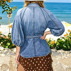 Women's Cropped Denim Stand-Collar Puff Sleeve Shirt
