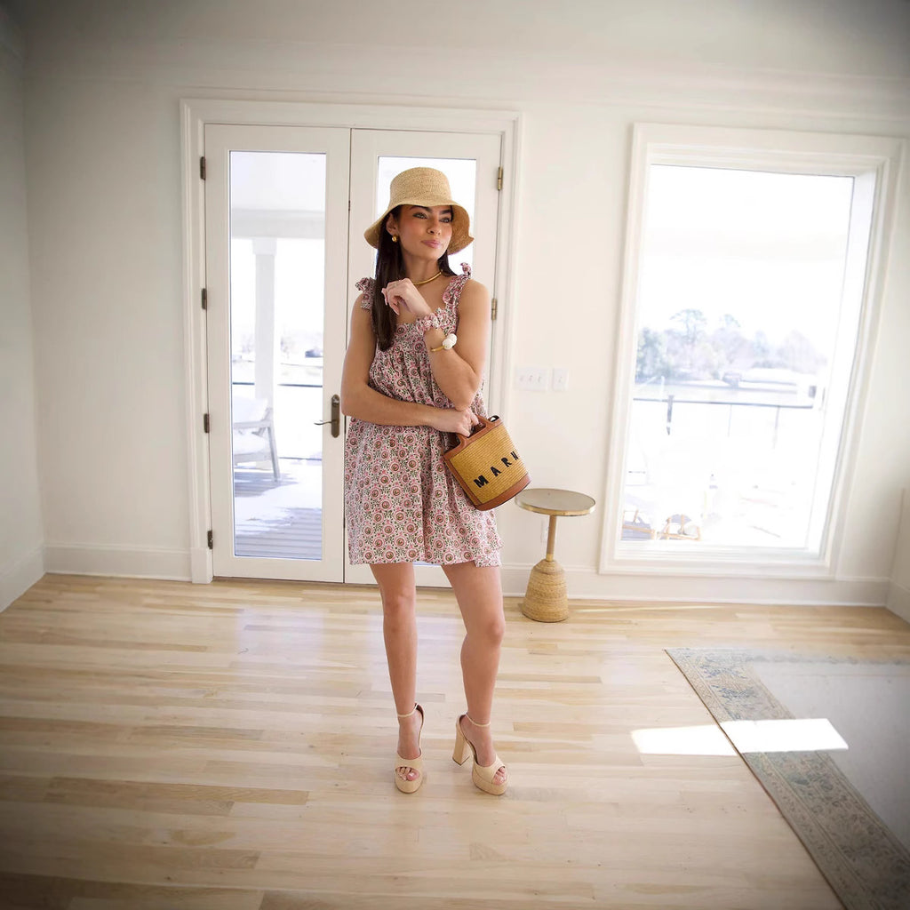 Women's Spring Summer French Vintage Floral Printed Loose Casual Strap Dress