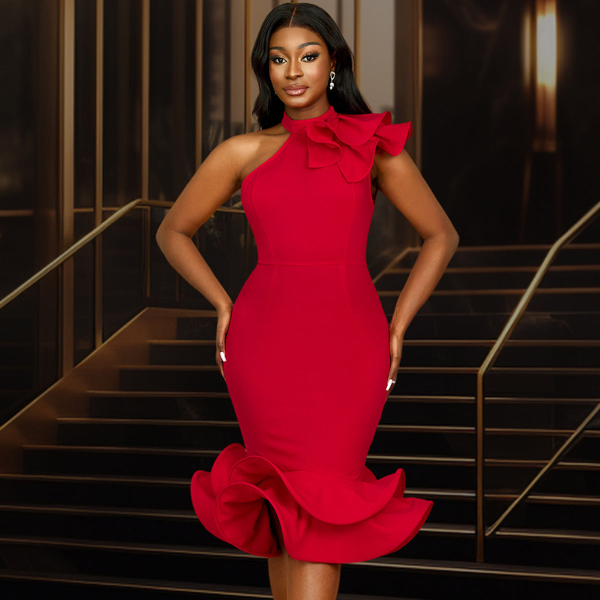 Women's Elegant Half Turtleneck Ruffled Dress Off Shoulder Ruffled Hem Cocktail Evening Dress