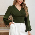 Women’s Army Green Ruffle V Neck Long Sleeve Top