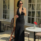Women's Spring Sexy Deep V Plunge Dot Mesh Backless Lace up Dress