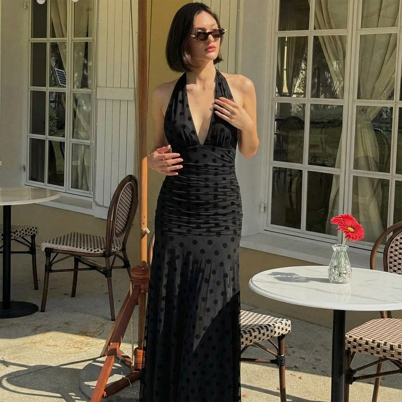 Women's Spring Sexy Deep V Plunge Dot Mesh Backless Lace up Dress