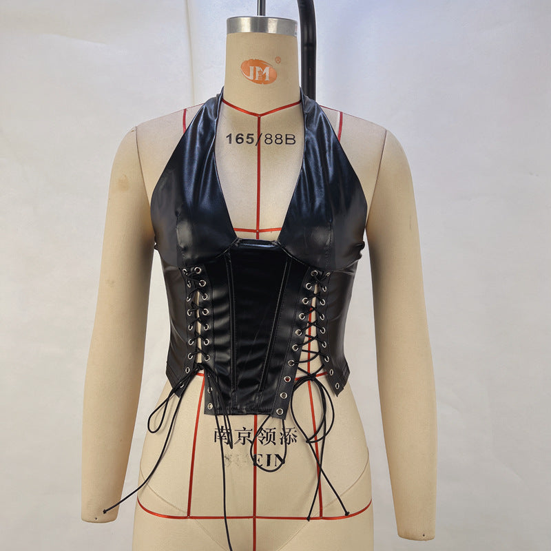 Faux Leather Halter Lace Up Tight Waist Vest Top