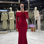 Women Maxi Dress off Shoulder Lace Long Sleeve Dress