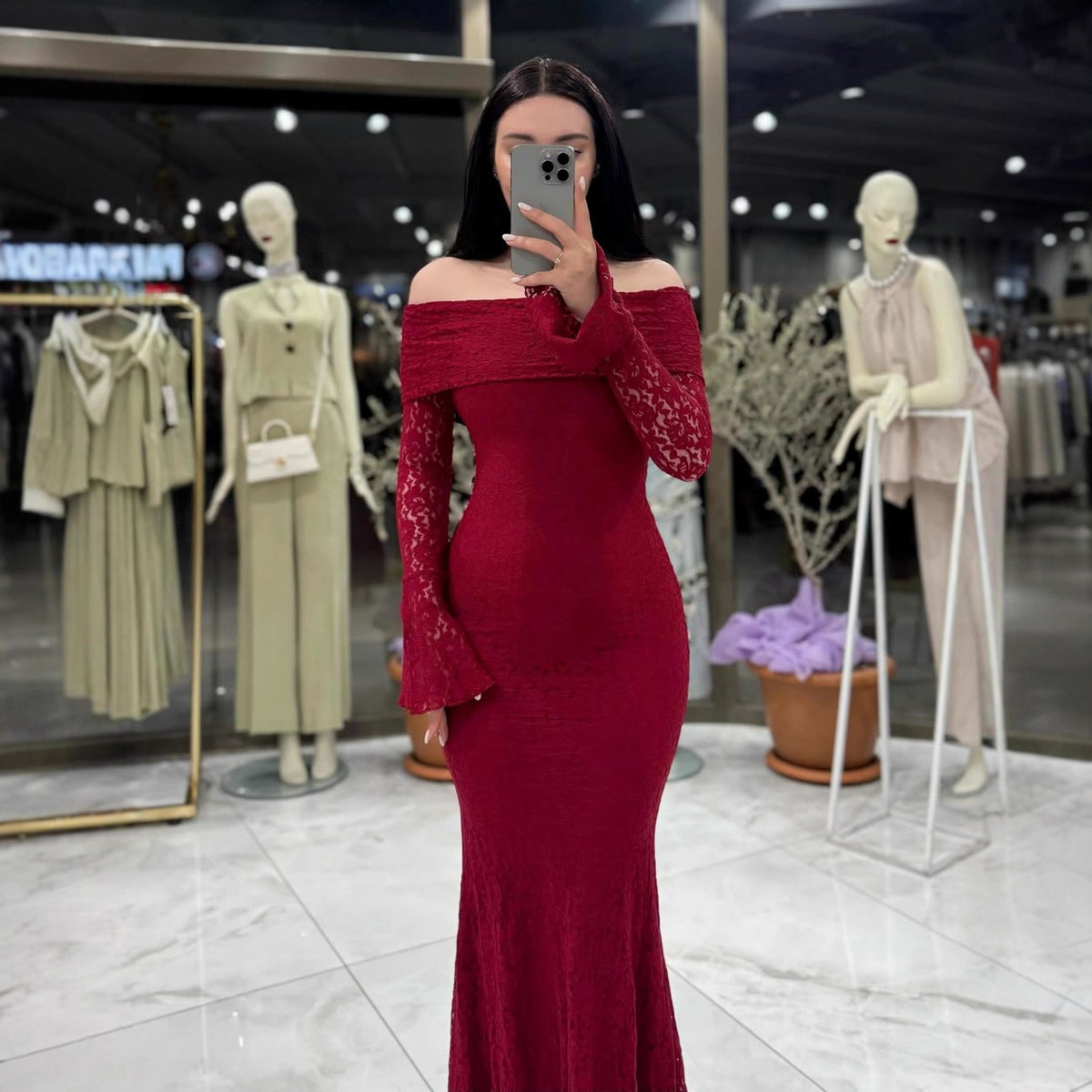 Women Maxi Dress off Shoulder Lace Long Sleeve Dress