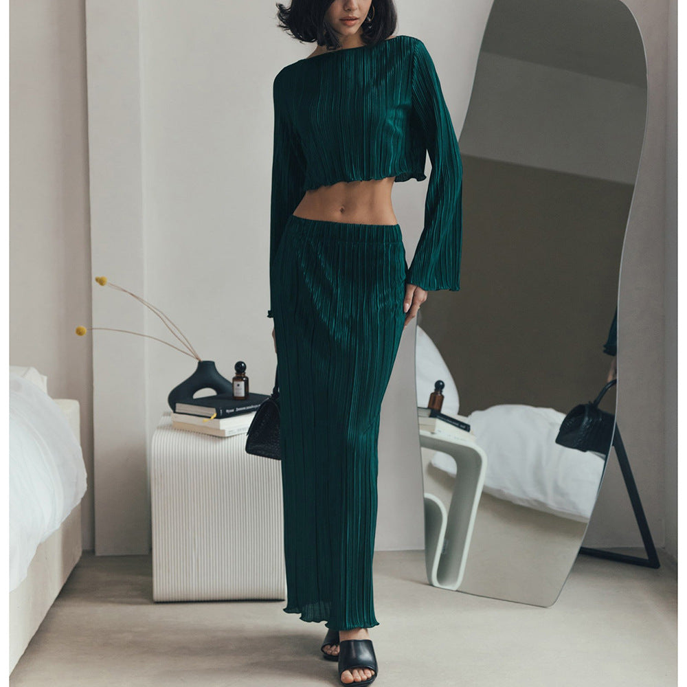 Women's Pleated Spring Summer Bell Top and Skirt Two-Piece Set