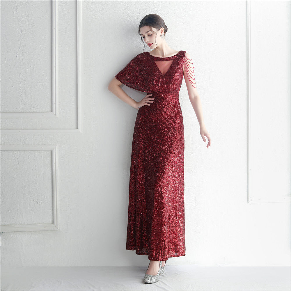 Craft Beaded Ruffle Sleeve Mesh See Through Bridesmaid Dress
