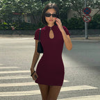 Stand-Collar Cutout Puff-Sleeve Bodycon Mini Dress