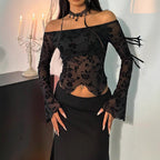 Black Floral Mesh Off-Shoulder Flare Sleeve Top
