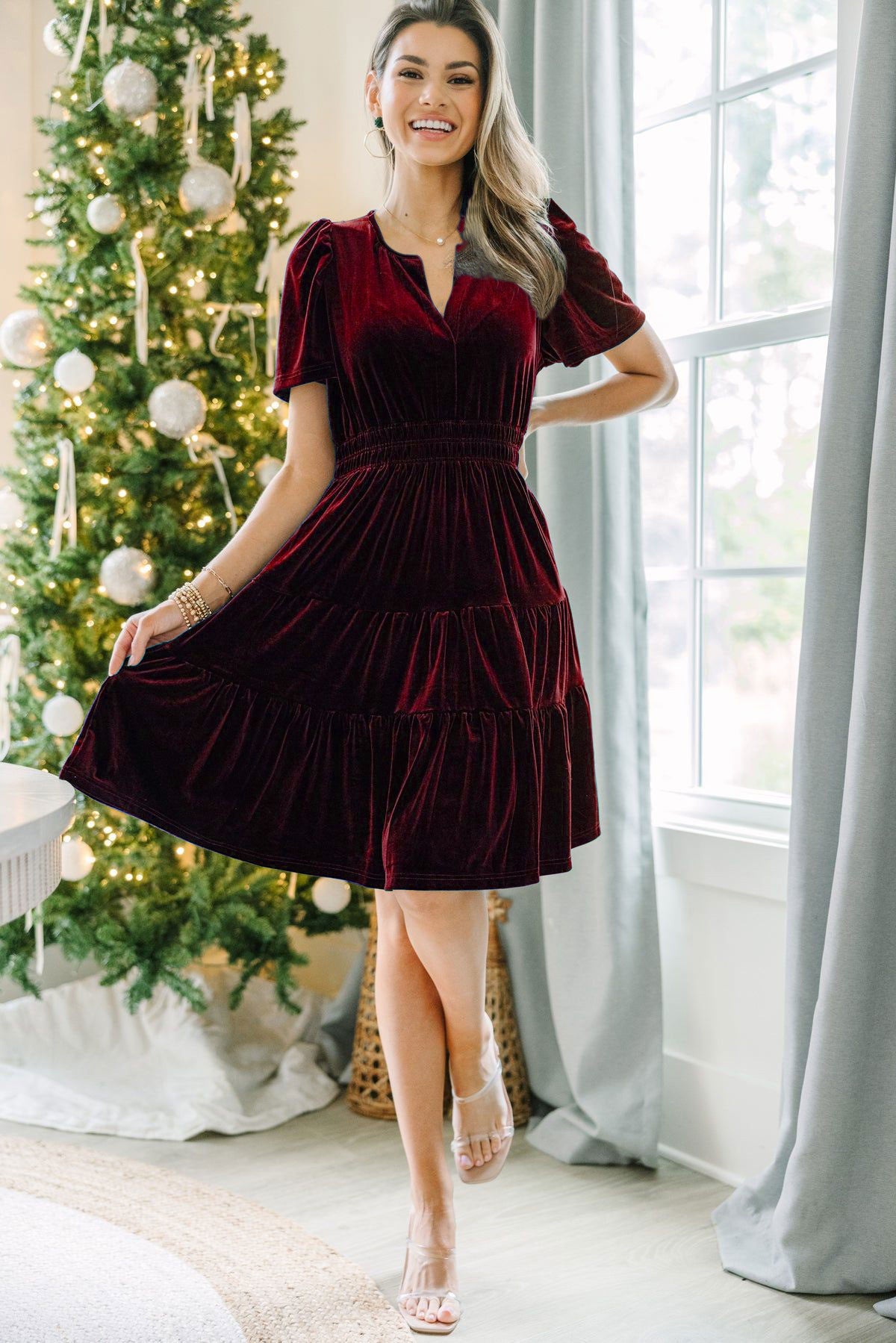 Gold Velvet V-Neck Flounce Dress