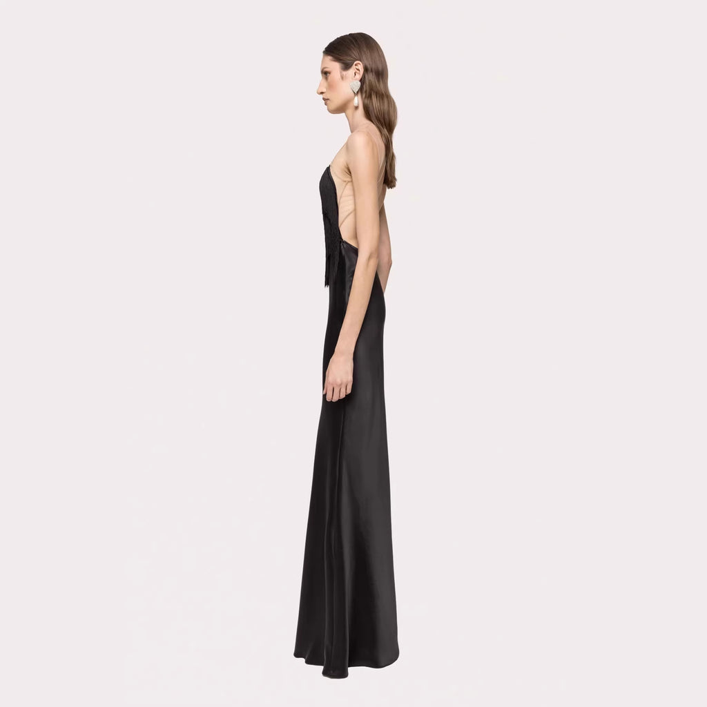 Women's Black Tassel Strapless Fishtail Draping V Neck Slim Fit Evening Dress Wedding
