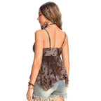 Women's Summer Vacation Women Clothing V Neck Sling Waist Irregular Asymmetric Retro Patchwork Top