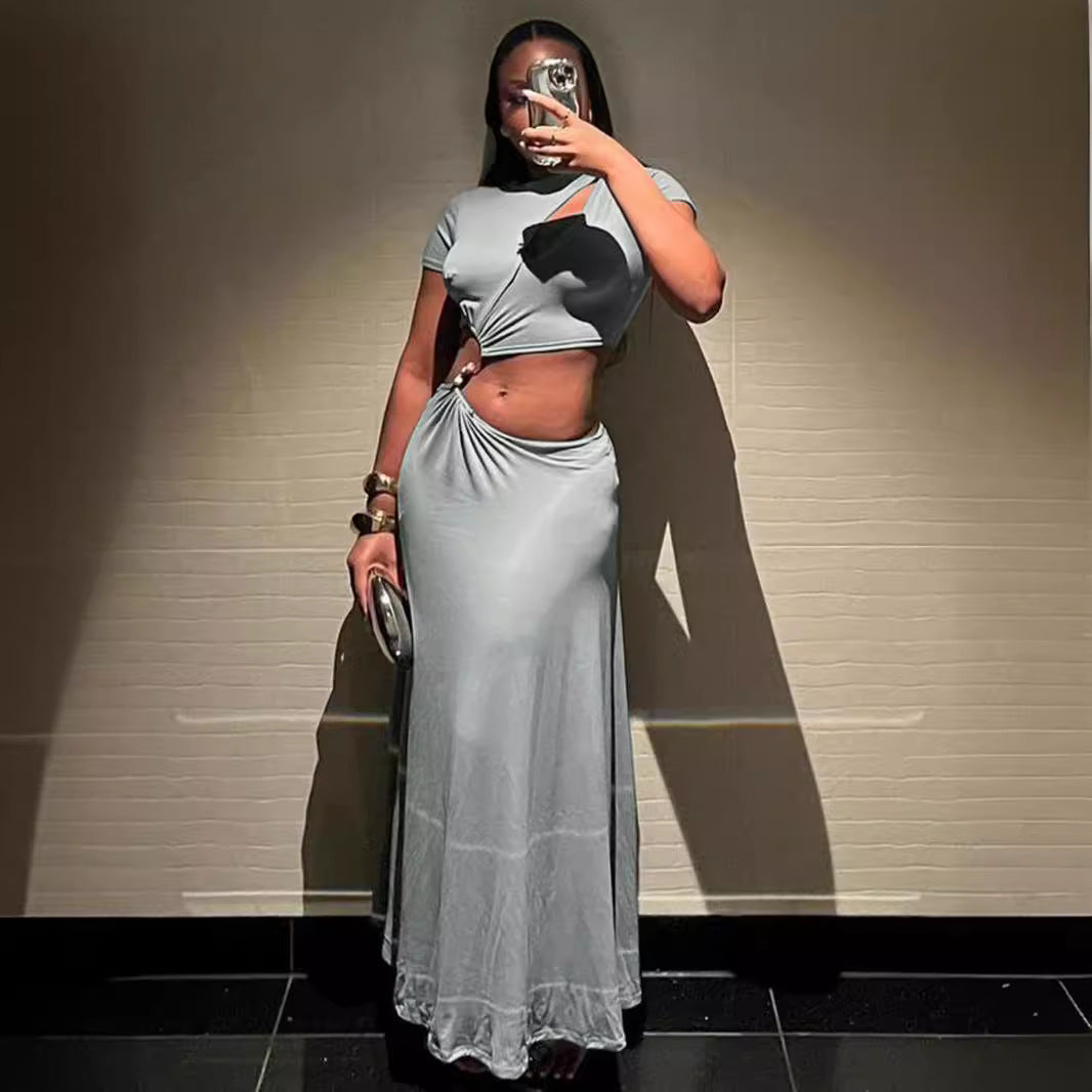 Women's Beaded Cropped Short-Sleeve Two-Piece Skirt Set