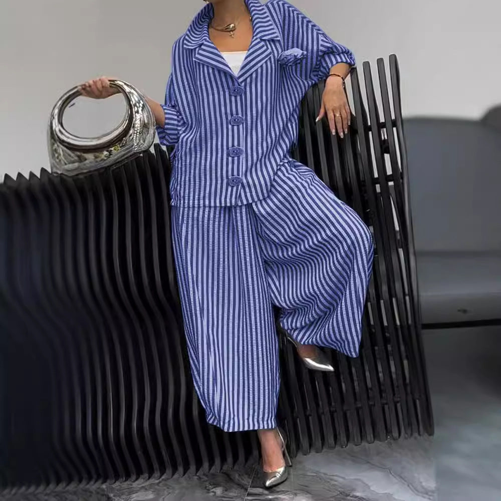 Women's Autumn Commuting Elegant Floral Stripes Loose Blazer Casual Sets