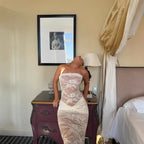 Women's Strapless Floral Lace Ruched Bodycon Midi Dress