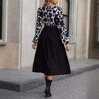 Contrast Waist Long Sleeve Midi Dress