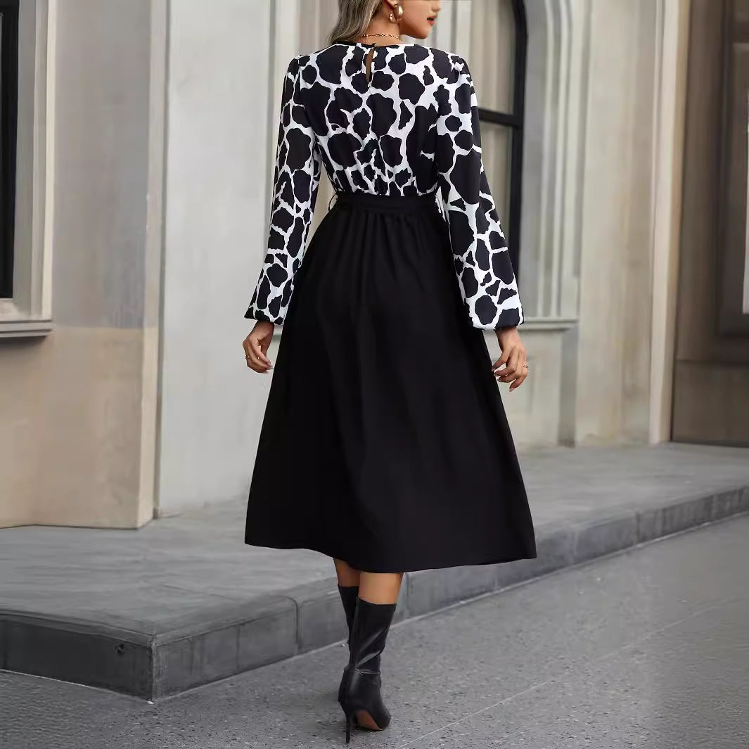 Contrast Waist Long Sleeve Midi Dress