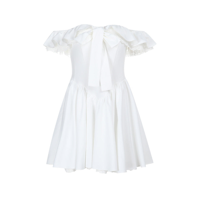 Women's Off-Shoulder Lace Ruched A-Line Mini Dress