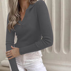 Women’s Black Ribbed Deep V Polo Top