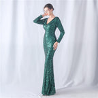 Women's Floral Cutting Magic Color Sequin Wedding Long Sleeve Dress